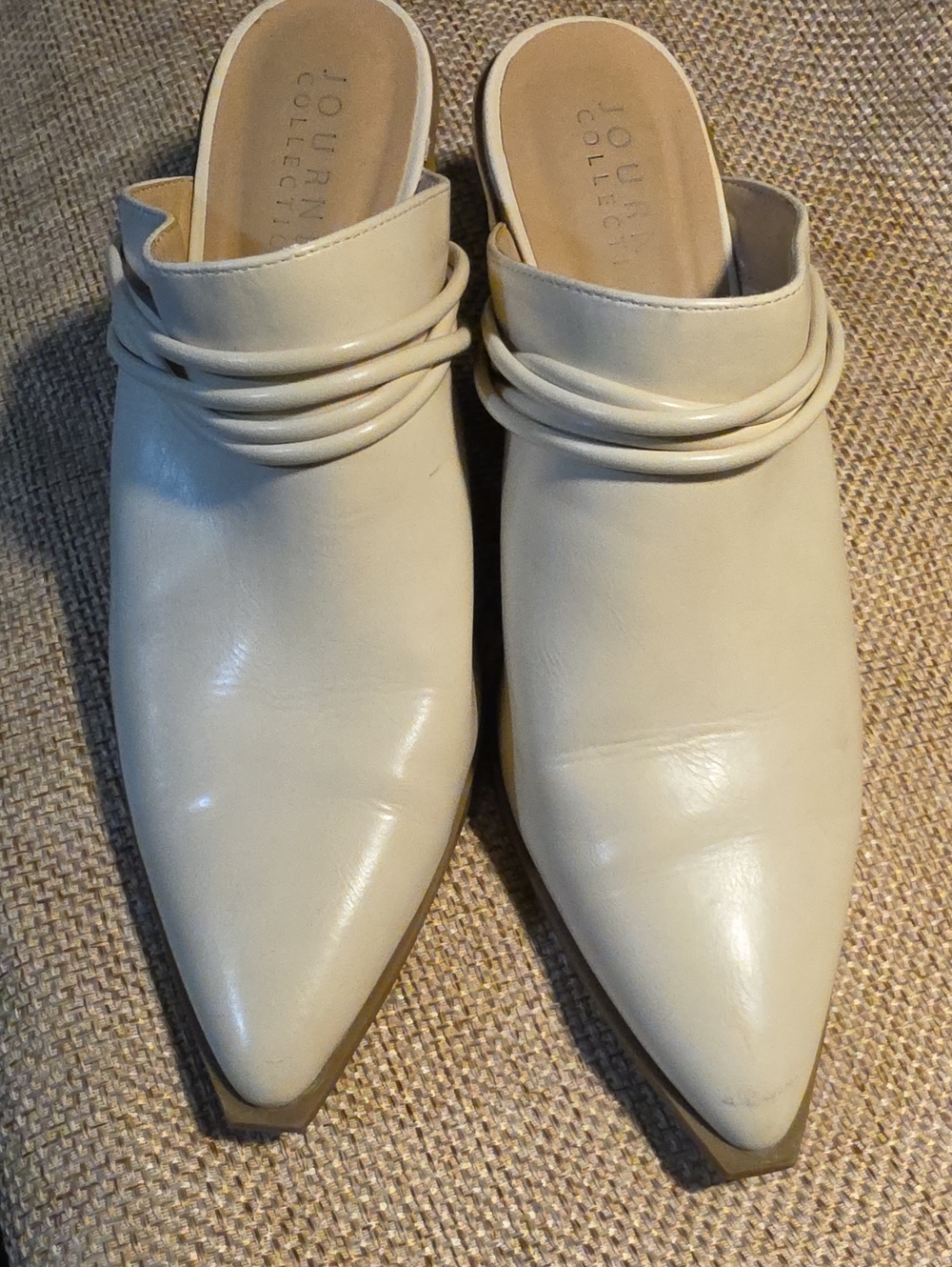 Journee Collection Cream Pointed Faux Leather Mule with Wrapped Strap